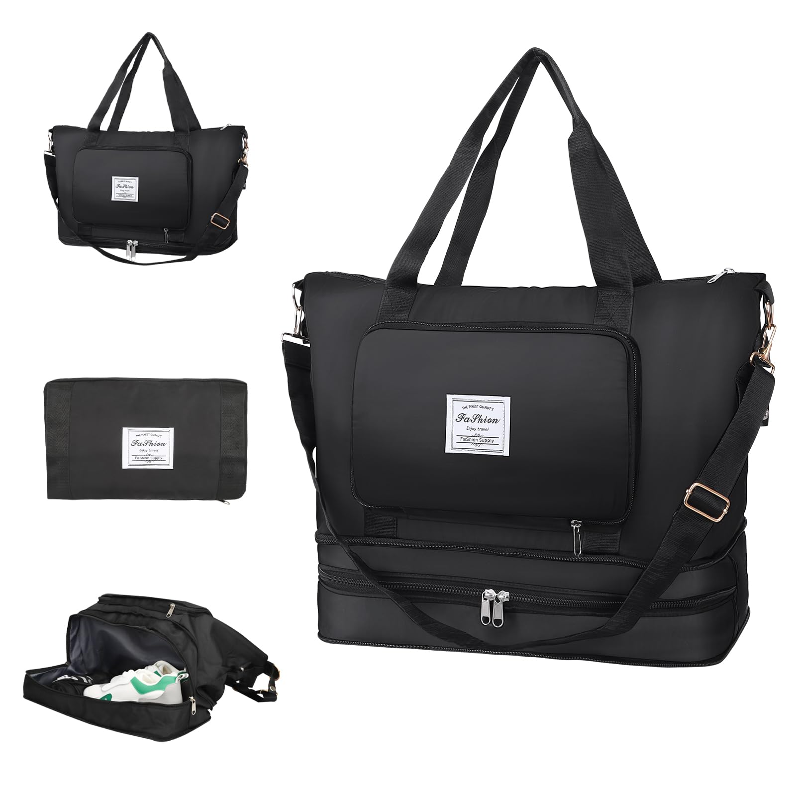 MomogrowFoldable Travel Bag with Shoe Compartment with Long Strap,36L Large Capacity Duffel Bag,Dry Wet Separated Weekend Bag Lightweight Overnight Bag Gym Bag Holdall Cabin Airplane for, Black, shoe