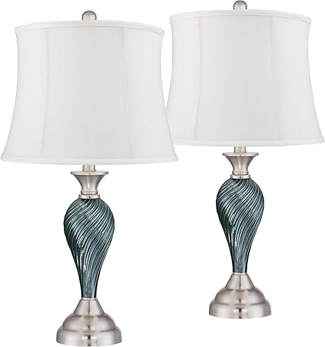 Regency Hill Arden - Juego de 2 lámparas de mesa costeras modernas de 25 pulgadas de alto giro de cristal verde-azul, pantalla blanca, sala de