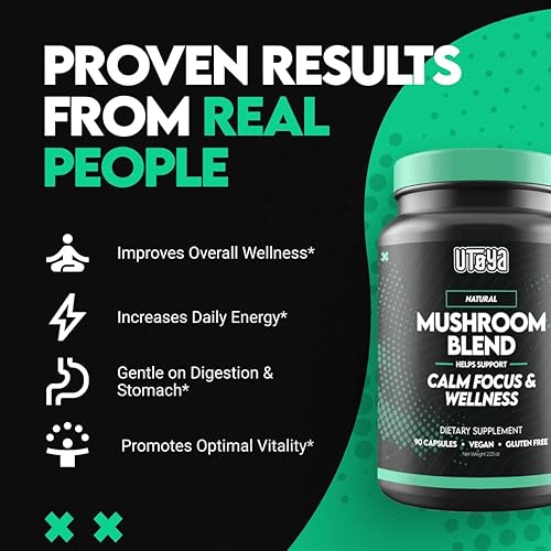 Miniatura 3 de UTOYA Suplementos naturales de mezcla de hongos  Cápsulas de suplemento de melena de león con Reishi, Cordyceps, más para la calma, la concentración