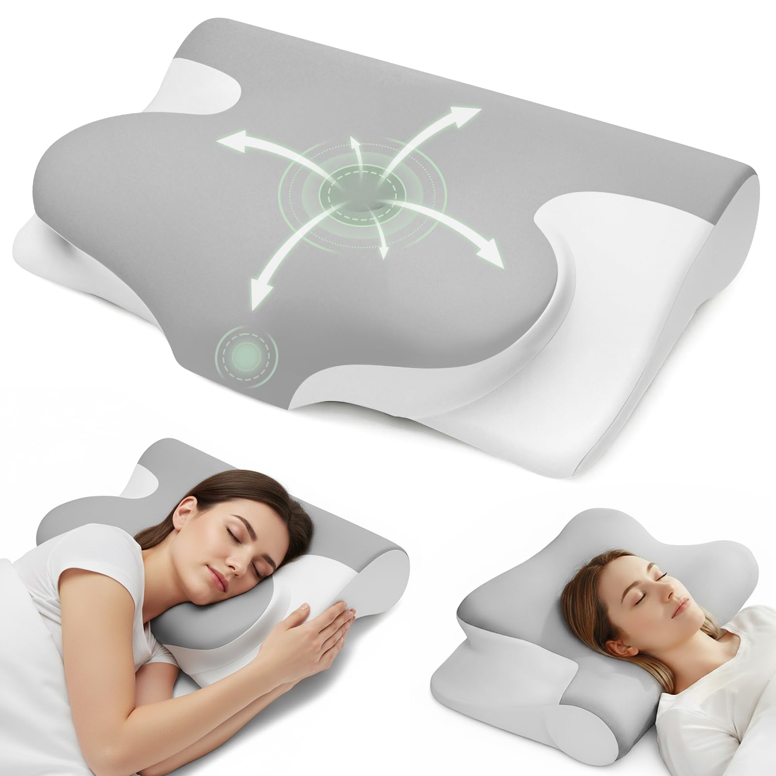 Memory Foam Pillow for Neck - Ergonomic Cervical Contour Pillow Adjustable Height Neck Support Pillow for Side Back Stomach Sleepers Cooling Breathable Pillow with Removable Washable Cover