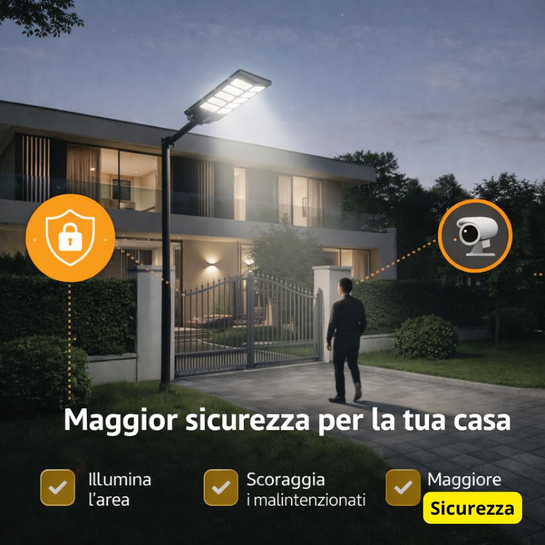 DE ROSA SHOP Lampione LED Esterno con Pannello Solare 1200W, 6500K Bianco Freddo e Sensore Di Movimento 18000mAh, Telecomando + Staffa IP65 Impermeabile