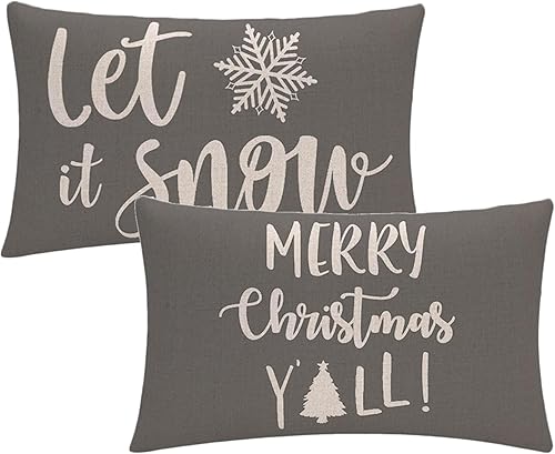 Paquete de 2 fundas de almohada con texto en inglés "Merry Christmas Y'All", color gris, decoración navideña con diseño de Let It SnowCopo de nieve,
