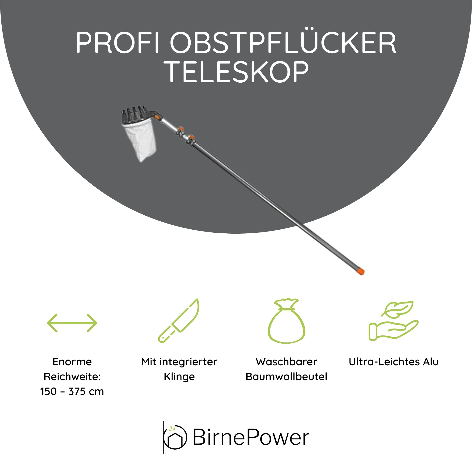 BirnePower Obstpflücker mit Teleskopstiel (150-375cm), Apfelpflücker mit integrierter Klinge, Verstellbarer Kopf & Leichter Alu-Stange, Obstsammler