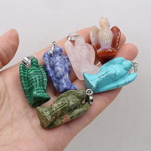 Miniatura 2 de LHJ 3 dijes de piedra natural con forma de ángel pequeño, surtido de energía de cuarzo de ágata para hacer joyas, collares, amuletos, Piedra Cuero