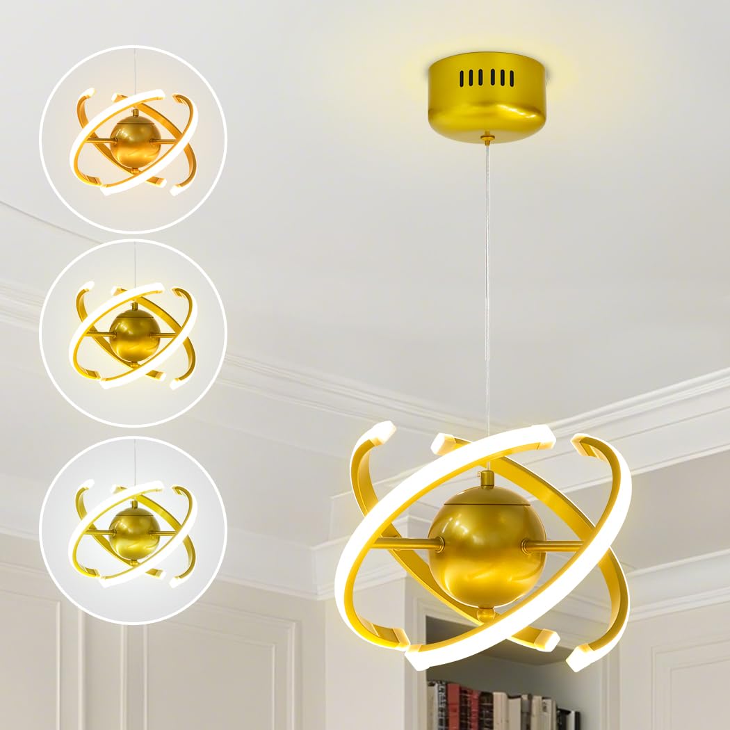 TONGNIDA Modern LED Chandeliers Ceiling Lights,Three Color Temperature Pendant Light,Adjustable Globe Hanging Lights 26W,DIY Light Fittings Ceilings for Kitchen Island and Bedroom,Living Room,Gold