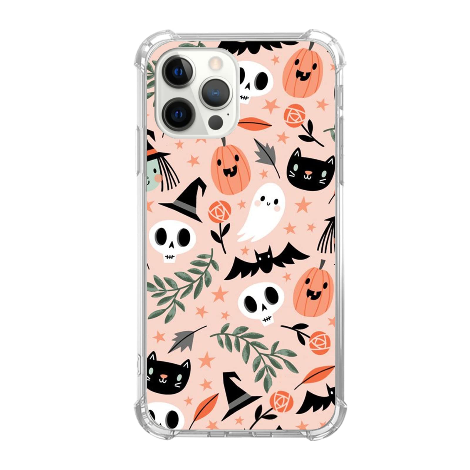 Aesthetic Halloween Pumpkins Skeleton Pattern Case For IPhone 13 Pro Max, Cool Witchy Cat Ghosts Orange Collage Cover For Girls Boys And Women, Trendy