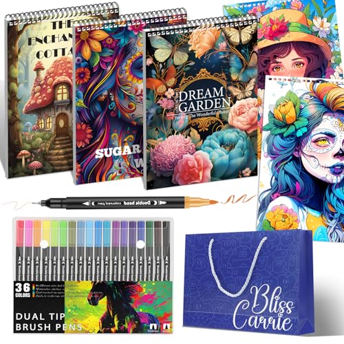 Image of 3Pcs Coloring Book for Women Relaxation, 72 Patterns Spiral Bound Mindfulness Coloring Books for Adult with 36 Dual-tip Markers, Dual Markers Brush Pens Stocking Stuffers, Anxiety Relief Gifts