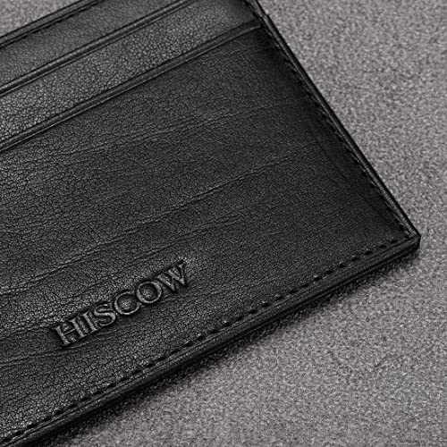 Image of HISCOW Slim Full Grain Leather Card Holder with ID Window, Veg-Tanned Black | Men's minimalist EDC wallet, front pocket carry, 2 credit card slots & center pocket, fits folded bills, premium gift box