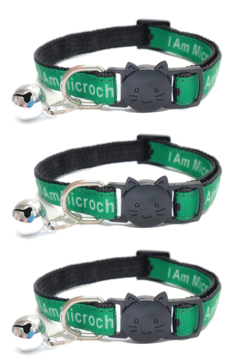 Worded Cat Collars with Bell - Please Do Not Feed Me, I Am Microchipped, 3. Green, I Am Microchipped, Pack of 3