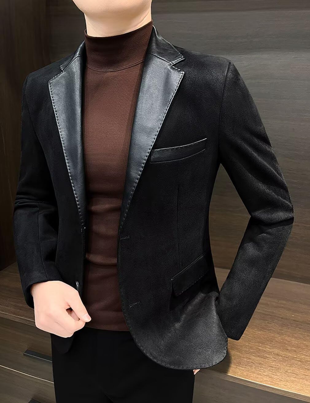 Men's Suede Blazer Jacket with Black Faux Leather Welding Collar Fall Spring Casual Business Sport Coat - Image 6