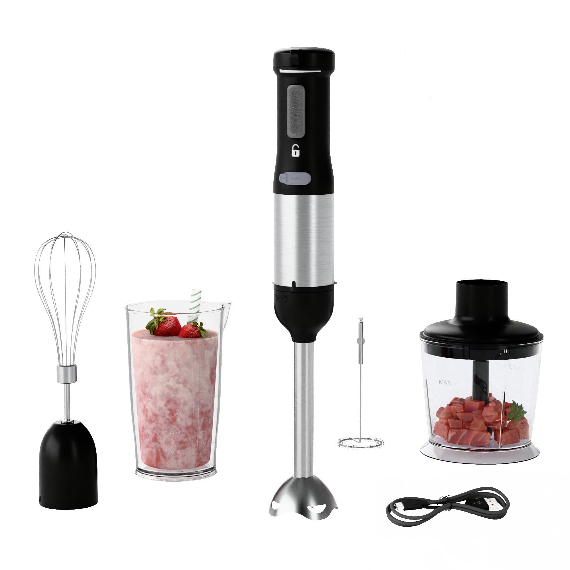 WHUTO Cordless Immersion Hand Blender 5-in-1 Variable Speed blender handheld Rechargeable with 2000mAh Battery BPA-Free Dishwasher-Safe Accessories 700ml