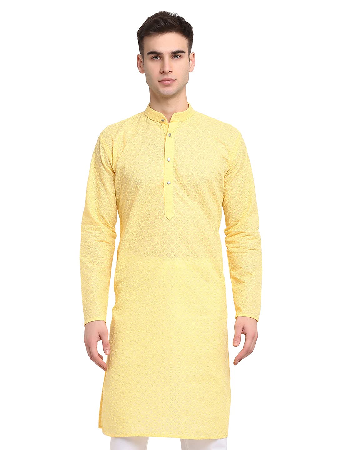 Jompers Men Yellow & White Self Design Kurta (Yellow, S)
