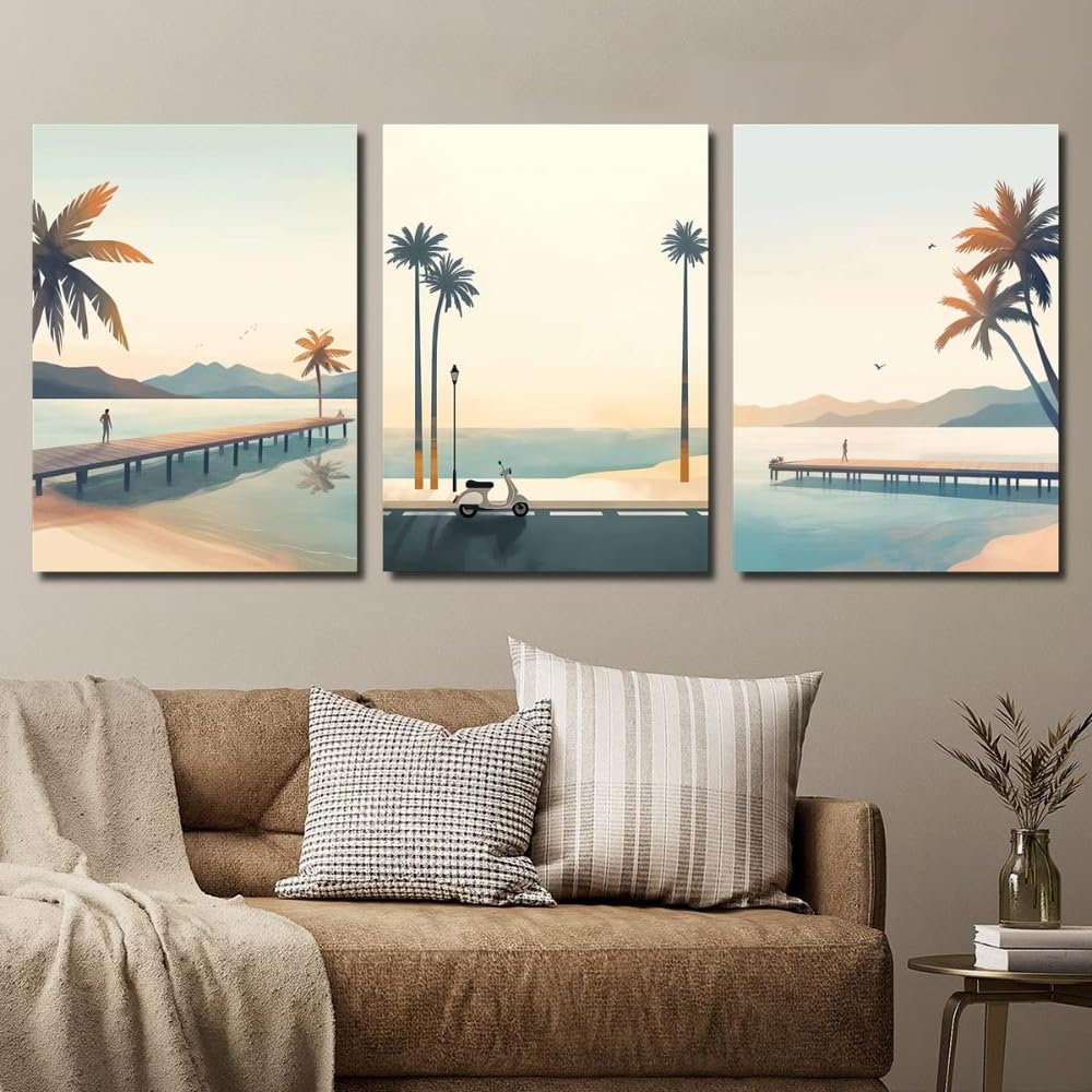 Póster con paisaje costero al atardecer en un muelle de playa con palmeras, ilustración de un coche eléctrico en la carretera costera, cuadro decorativo para la pared del hogar (60x90cmx3/SIN marco)