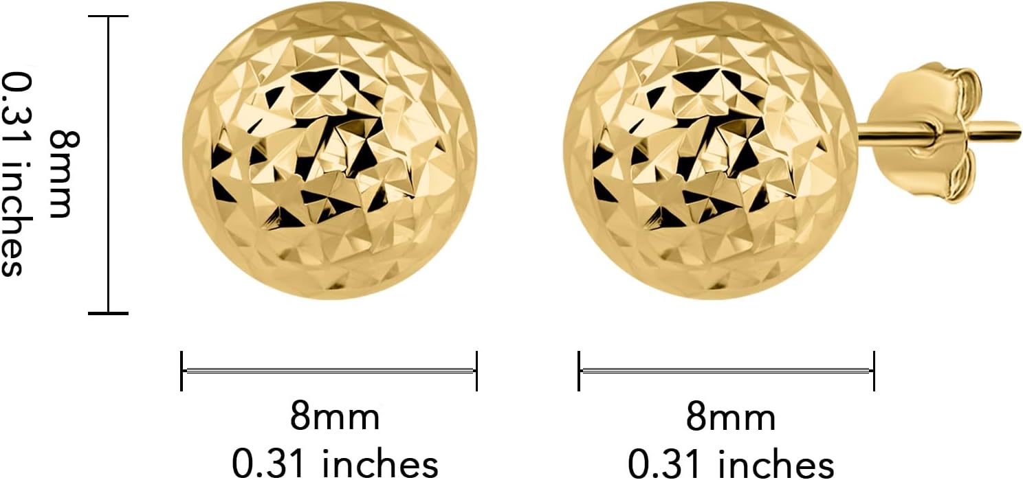 Hoops & Loops 925 Sterling Silver Diamond-Cut Ball Bead Stud Earrings for Women Men Teen Girls, 8mm or 10mm | Silver, Rose Gold & Yellow Gold