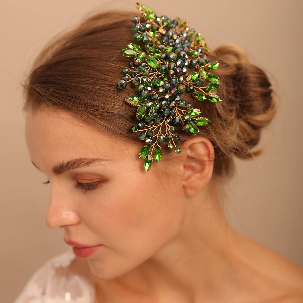BERYUAN Green Crystal Rhinestone Hair Comb, Handmade Fashion Jewelry Hair Accessory for Women and Girls, Teardrop Rhinestone Headband with Green Beads