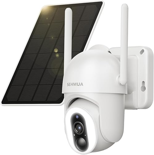 SEHMUA Cámaras de seguridad solares inalámbricas para exteriores con focos LED superbrillantes de 500 lúmenes, visión 2K de 360 para exteriores,