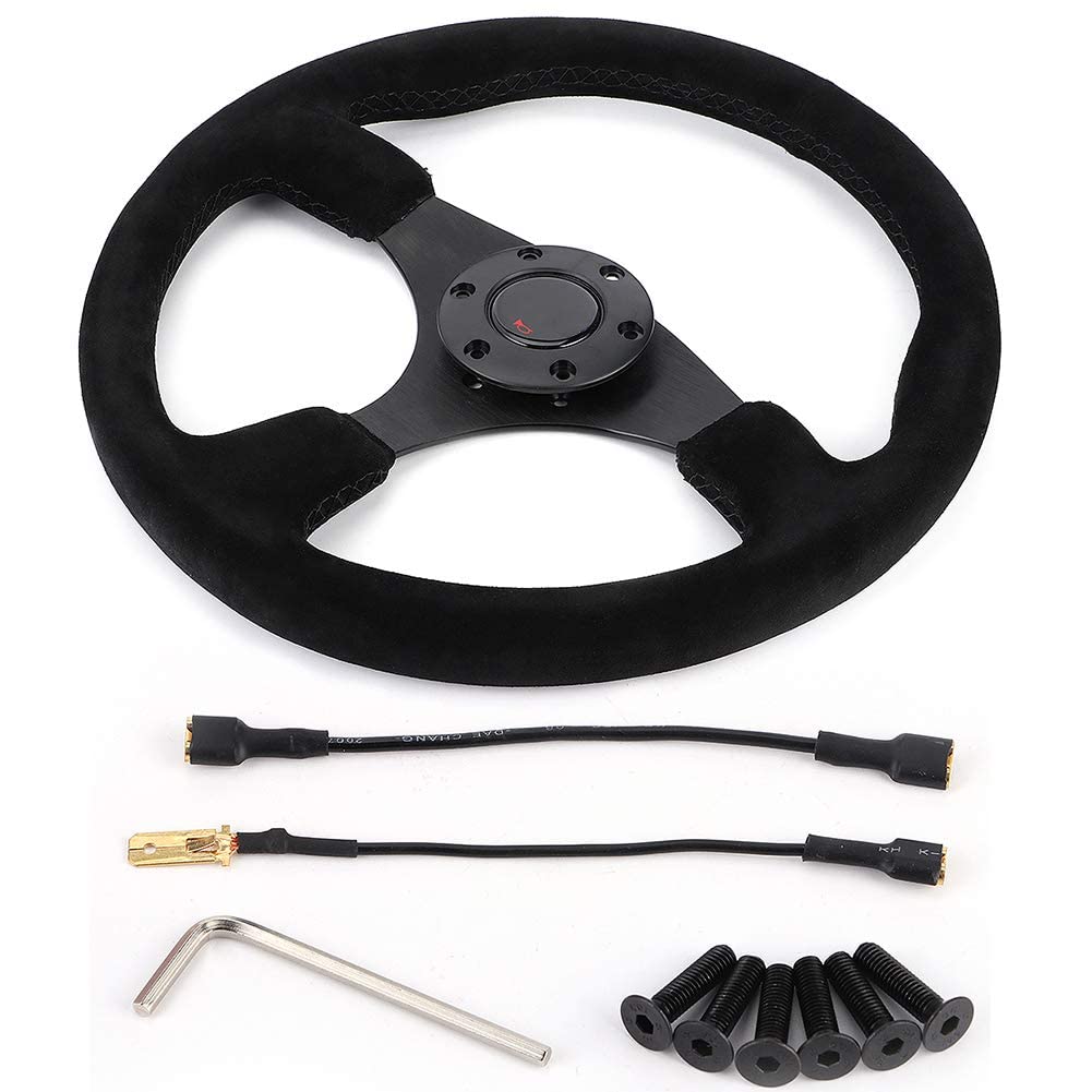 Steering Wheel, 14in/350mm for Style 6-Bolt Black Suede Racing Steering Wheel Black Stitching with Horn B for Racing Steering Wheel Suede Steering Wheel 350mm