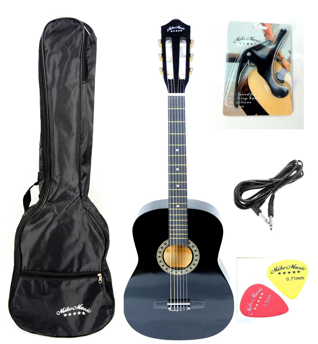 Mike Music38 inch Classical-Electric Nylon String Guitar, Right, with Bag,Capo,Cable, Picks(Classical-Electric, Black)
