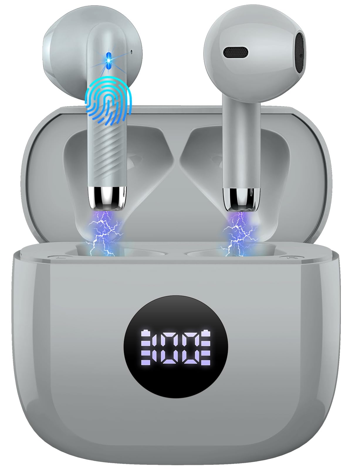 Wireless Earbuds, Bluetooth 5.4 Headphones in Ear with 4 ENC Noise Cancelling Mic, Bluetooth Earbuds 40H Playtime, HiFi Stereo Deep Bass Wireless Earphones IP7 Waterproof, USB-C Fast Charge Light Grey