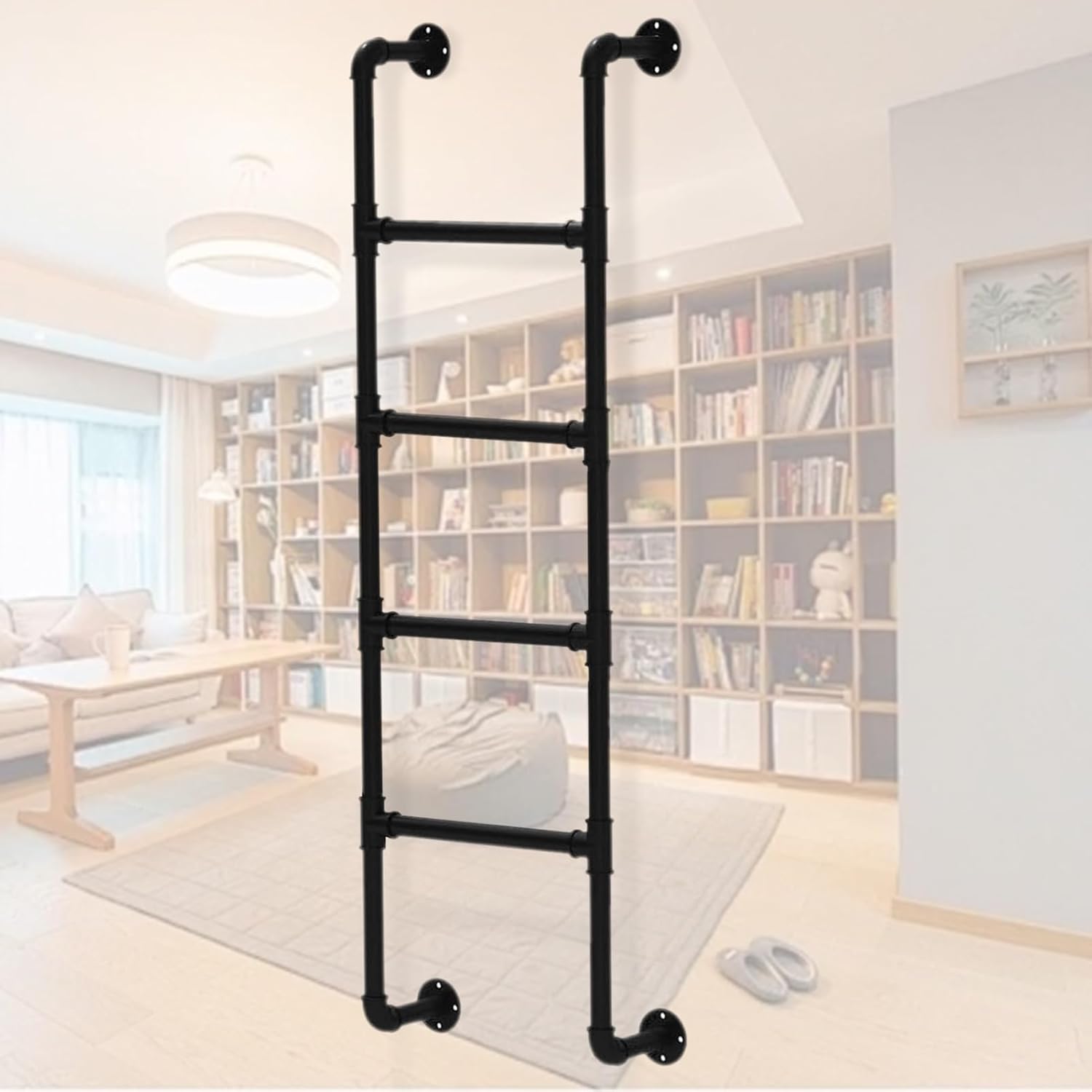 Emergency Egress Ladder for Window Well Metal Library Loft Bed Ladder Wall Mounted, Black Steel Round Tube Bunk Bed Ladder Indoor Outdoor Climbing Ladders - Customizable Size(1.50m