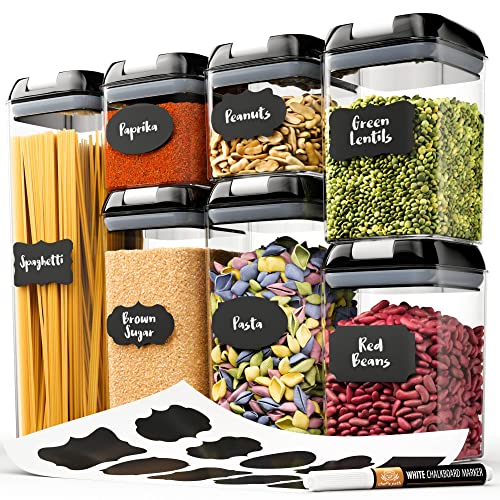 Chef’s Path – Set of 7 Airtight Food Storage Containers for Kitchen Storage – Clear Plastic – Durable Strong Lids – Labels and Chalk Marker