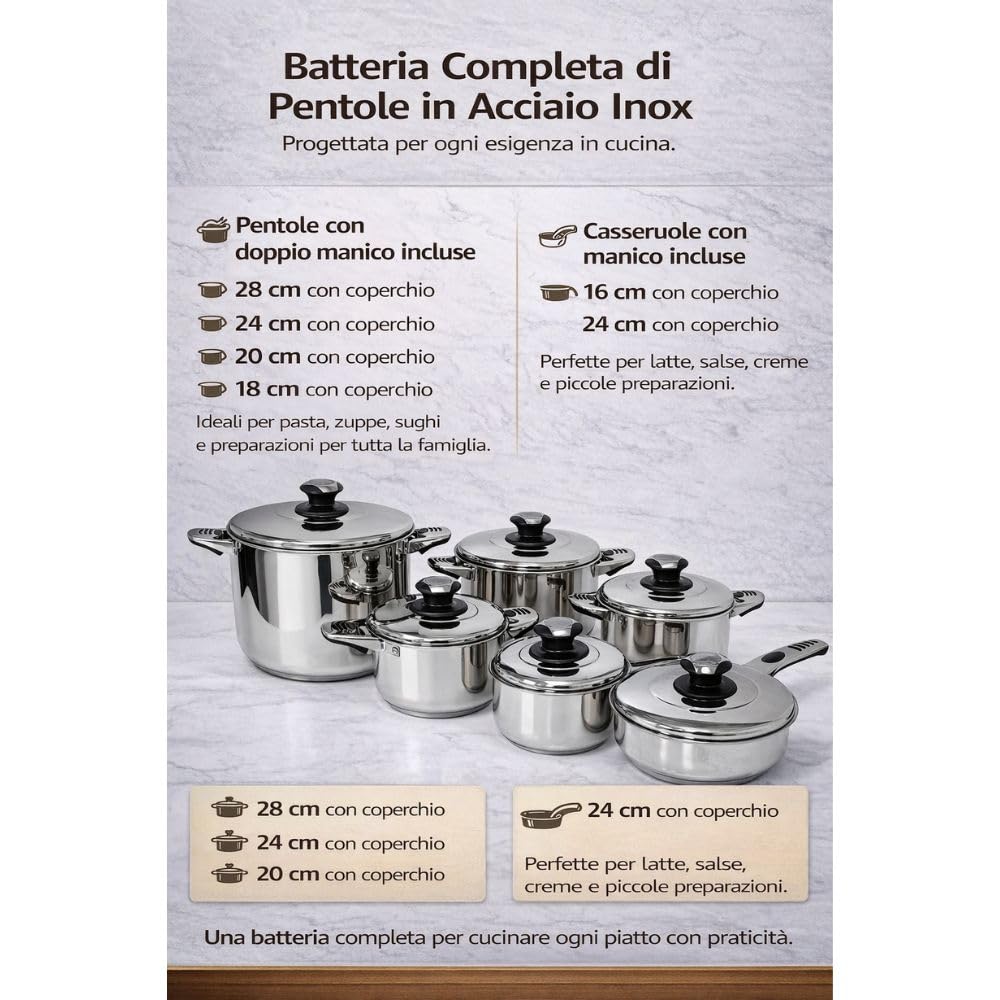Batteria di Pentole 12 Pezzi in Acciaio Inox con Coperchio e Termostato - Adatte a Tutti i Piani Cottura
