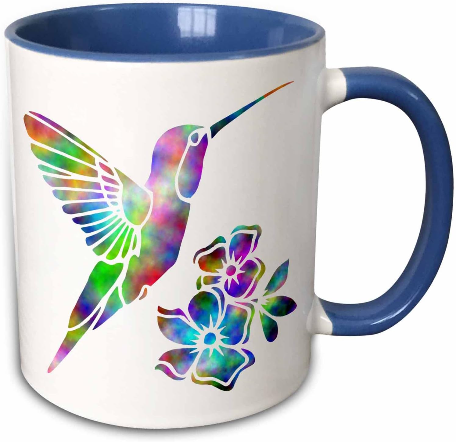 3dRose mug_220824_6 "Rainbow Tie Dye Hummingbird And Flowers" Ceramic Mug, Blue, 11 oz