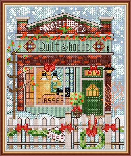 Image of CROSSDECOR Christmas Cottage Stamped Cross Stitch Kits 14CT Prestamped Easy Pattern Needlepoint Kits Crafts for Decor Embroidery Starter Kits DIY Cross Stitch Kits for Adults 17x15cm