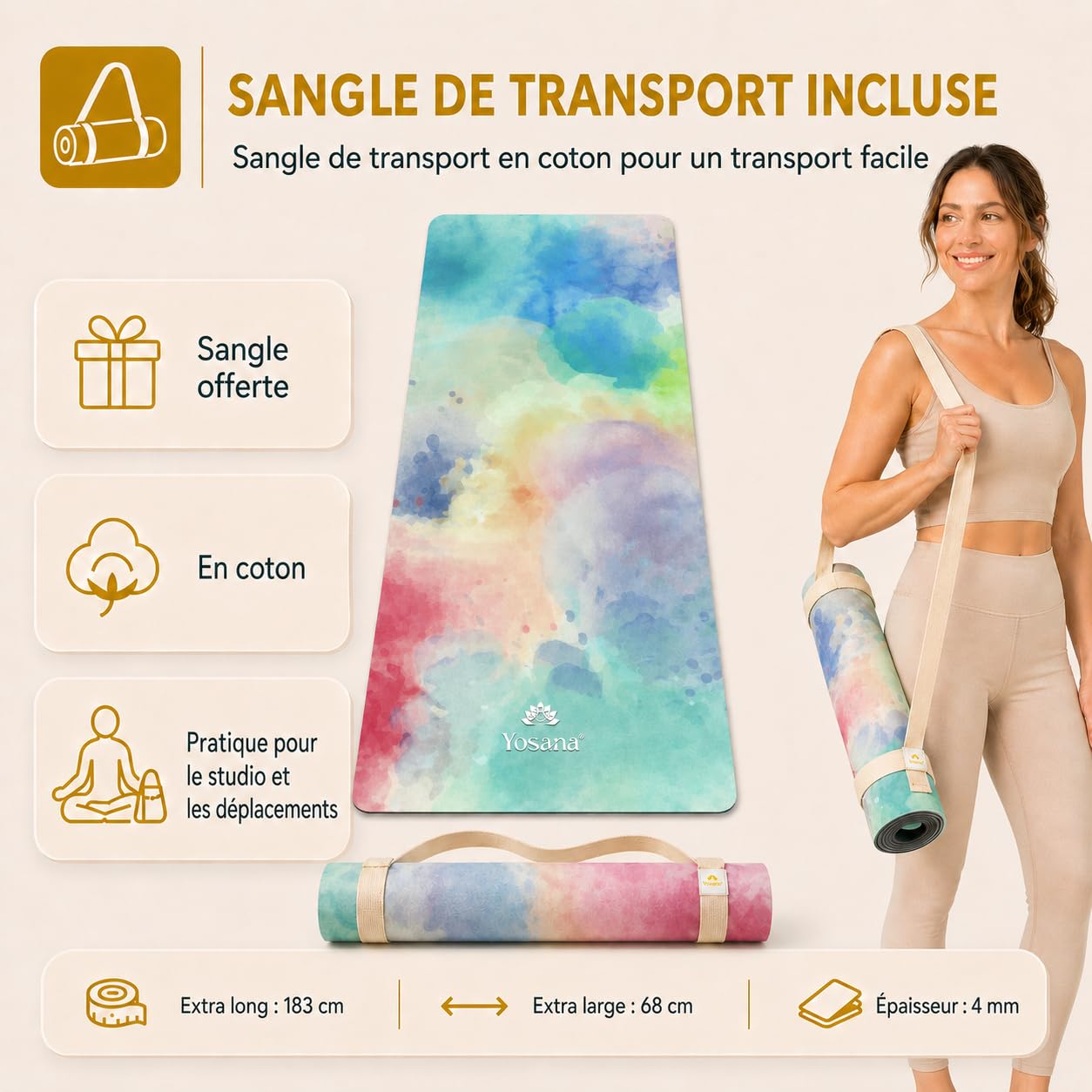 Tapis de Yoga Antidérapant en Caoutchuk Naturel | Surface en Microfibre Douce pour Absorber | Combine un tapis de yoga et une serviette | Lavable en machine à 30°C | 183 x 68 x 0.3 cm