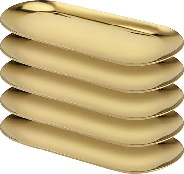 5 PCS Gold Oval Mirror Trays, Stainless Steel Jewellery Trays, Vanity Tray for Makeup, Jewellery, Small Item Organising, 23 x 9cm