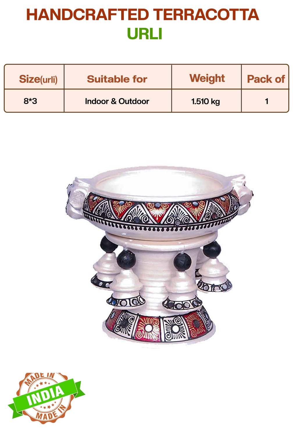 Handmade Terracotta Decorative Flower Pot/Uruli/Urli with Stand (Medium) - Image 2 thumbnail