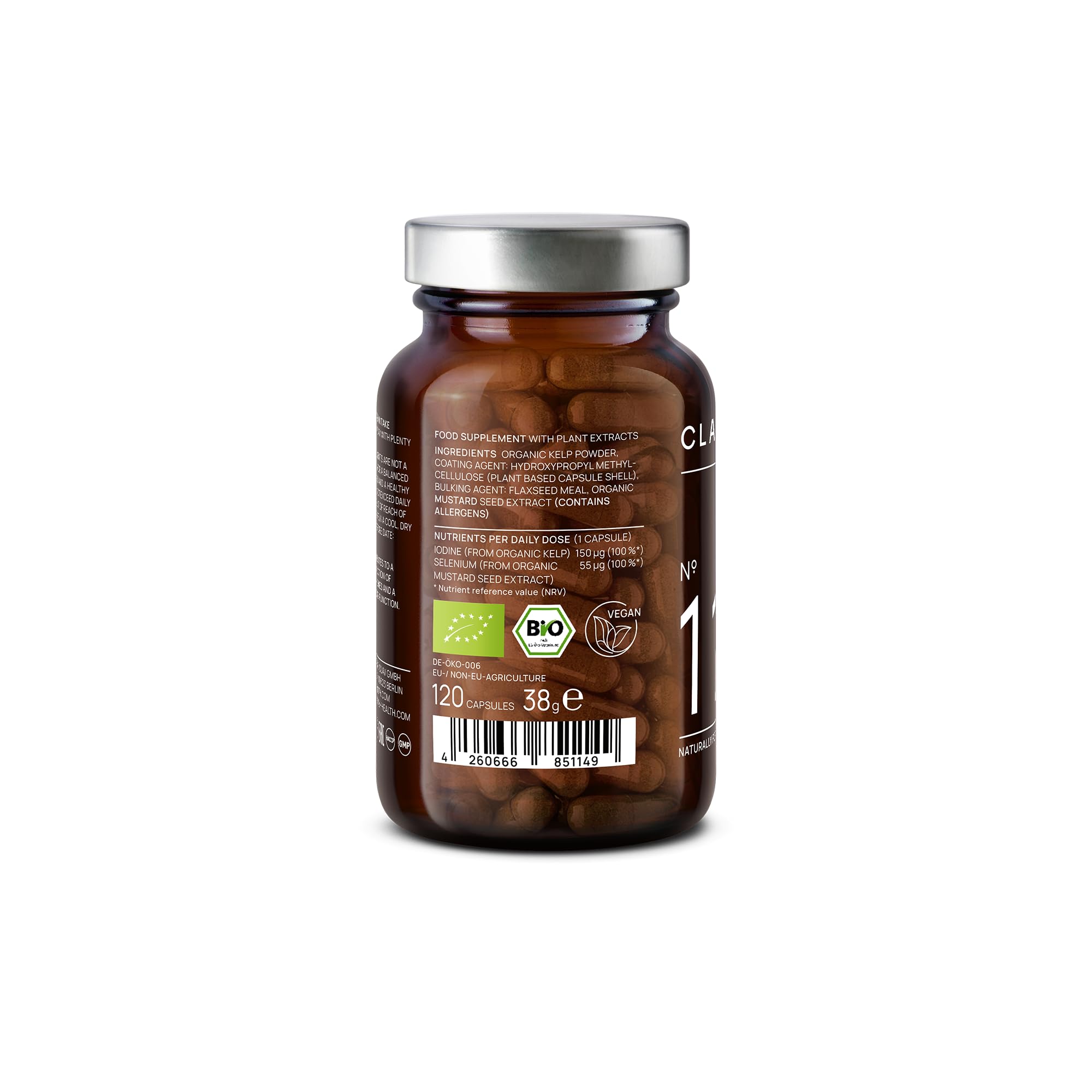 Iode Thyroide Bio avec Selenium Bio - Complement Alimentaire Thyroide - 150 μg per Iode Gelules + 55 μg Sélénium - à base de Algue Kelp et Selenium Naturel - 120 Capsule d'Iode - Vegan
