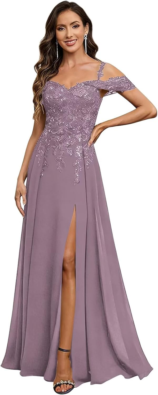 Women's Chiffon Mother of the Bride Dresses V Neck Empire Waist Wedding Guest Cocktail Dresses with Lace Appliques