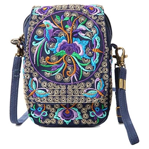 Embroidered Cute Mini Crossbody Bag for Women Small Handbags Wristlet Wallet Bag Cell-phone Pouch Coin Purse, Blue + Flower-small, OneSize Cover