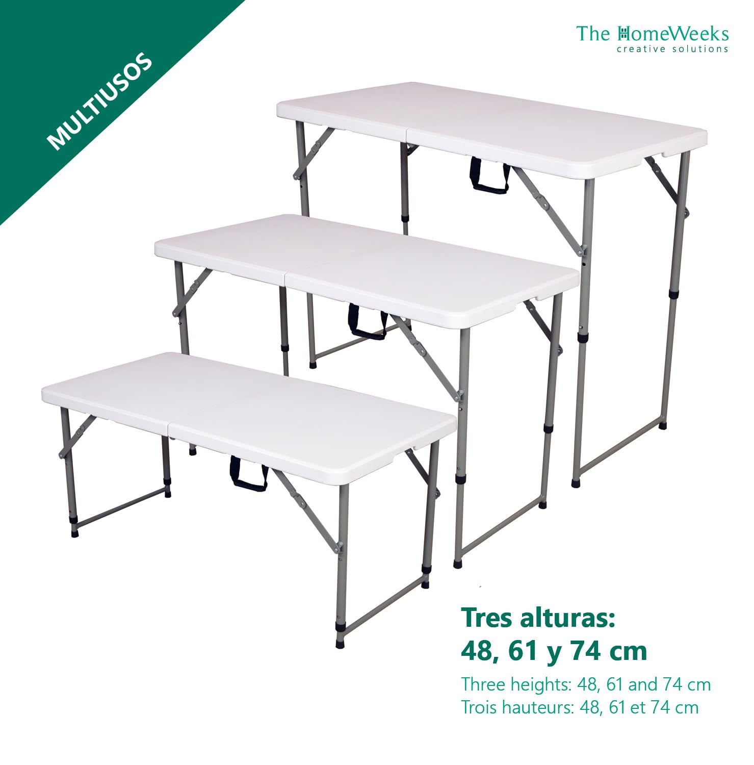 The Homeweeks Tavolo pieghevole solido 120 x 60 x 48/61/74 cm Altezza regolabile e portatile Normativa Uso pubblico per interni/esterni (EN 581-1/3). Pannello in resina HDPE 3,5 cm Capacità 4 persone