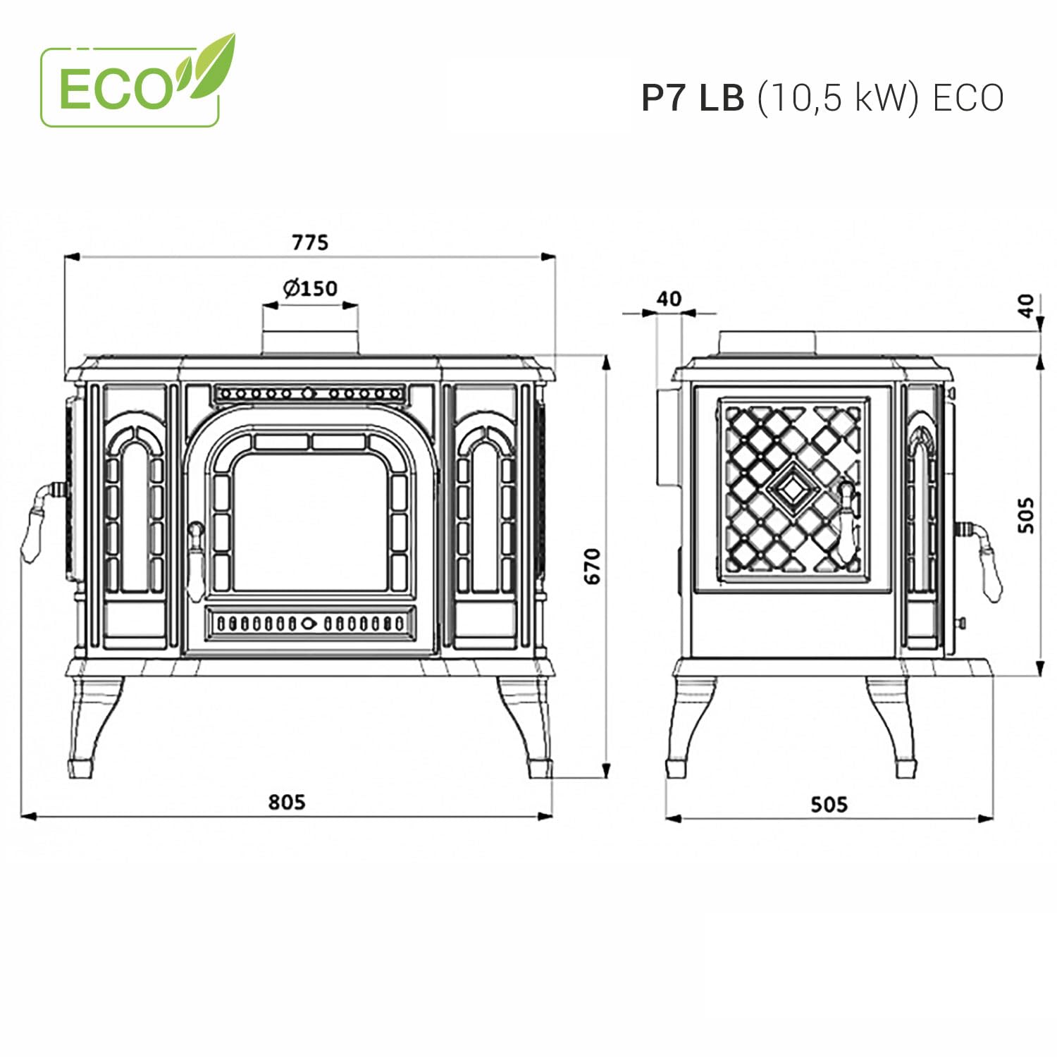 Stufa a legna libera installazione, in ghisa nera, apertura destra/sinistra - P7 LB (10,5 kW) ECO (apertura sinistra)