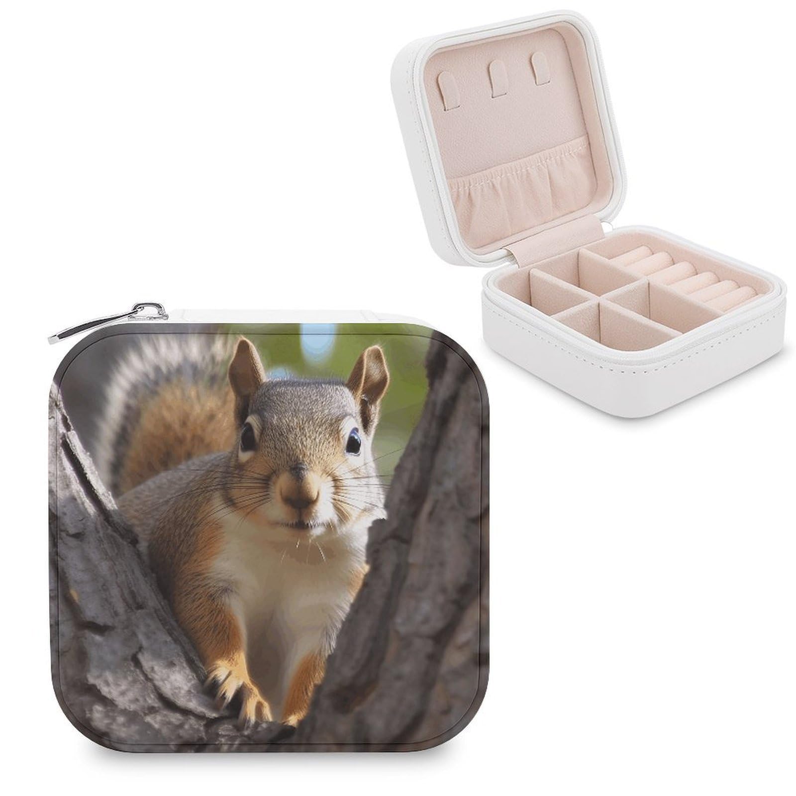 VstaDank Squirrel in The Tree Travel Jewelry Case Zipper Portable Small Jewelry Box Custom Pu Leather Mini Traveling Jewelry Organizer for Rings Earrings Necklace Bracelet Girls Women