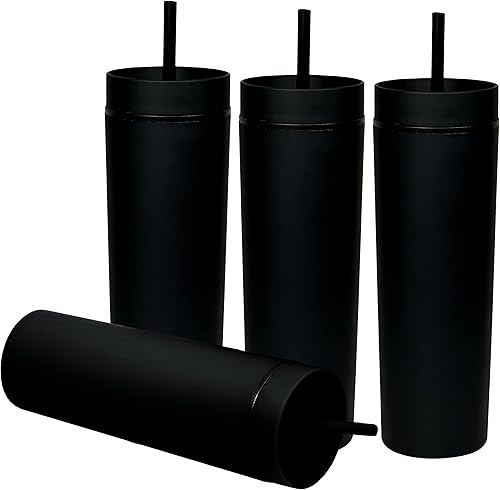 Ezhydrate SKINNY TUMBLERS - Vasos acrílicos de color pastel mate de 16 onzas con tapas y pajillas, vaso de plástico de doble pared con tapa y popote