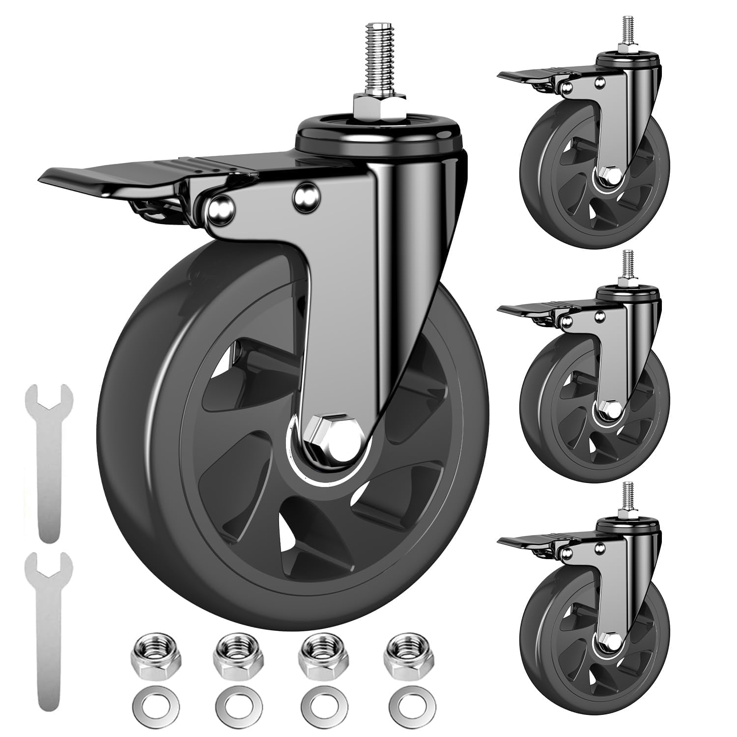 Sohnvwtgd Black-1/2"-13X1" 5 Inch Heavy Duty Casters, Stem Casters 2200Lbs, 1/2"-13 X 1(Stem Diameter 1/2", Stem Length 1"), Threaded Stem Caster Wheels Set Of 4, Locking Swivel Casters Black