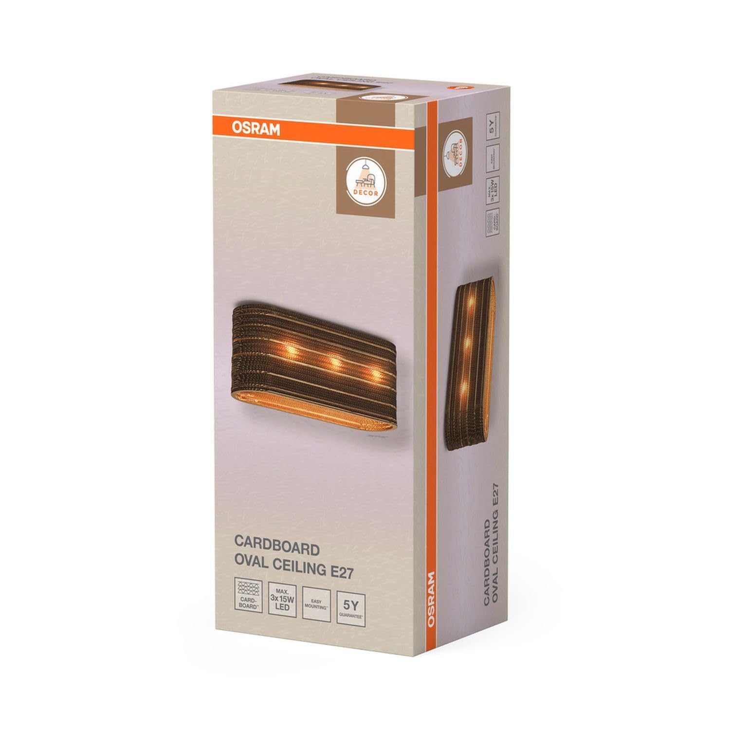Osram Lámpara de techo de 3 focos, ovalada, color marrón, de cartón ondulado, E27, 600 mm de longitud, pantalla de material reciclado, sostenible mediante fuente de luz intercambiable, fácil montaje