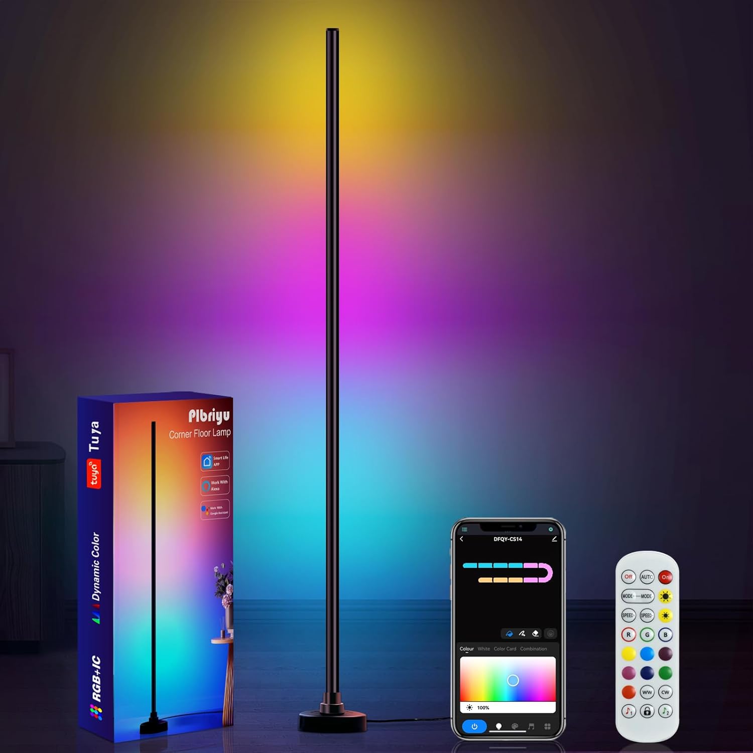 Plbriyu LED Corner Floor Lamp, 55" RGB Floor Lamp Work with Alexa