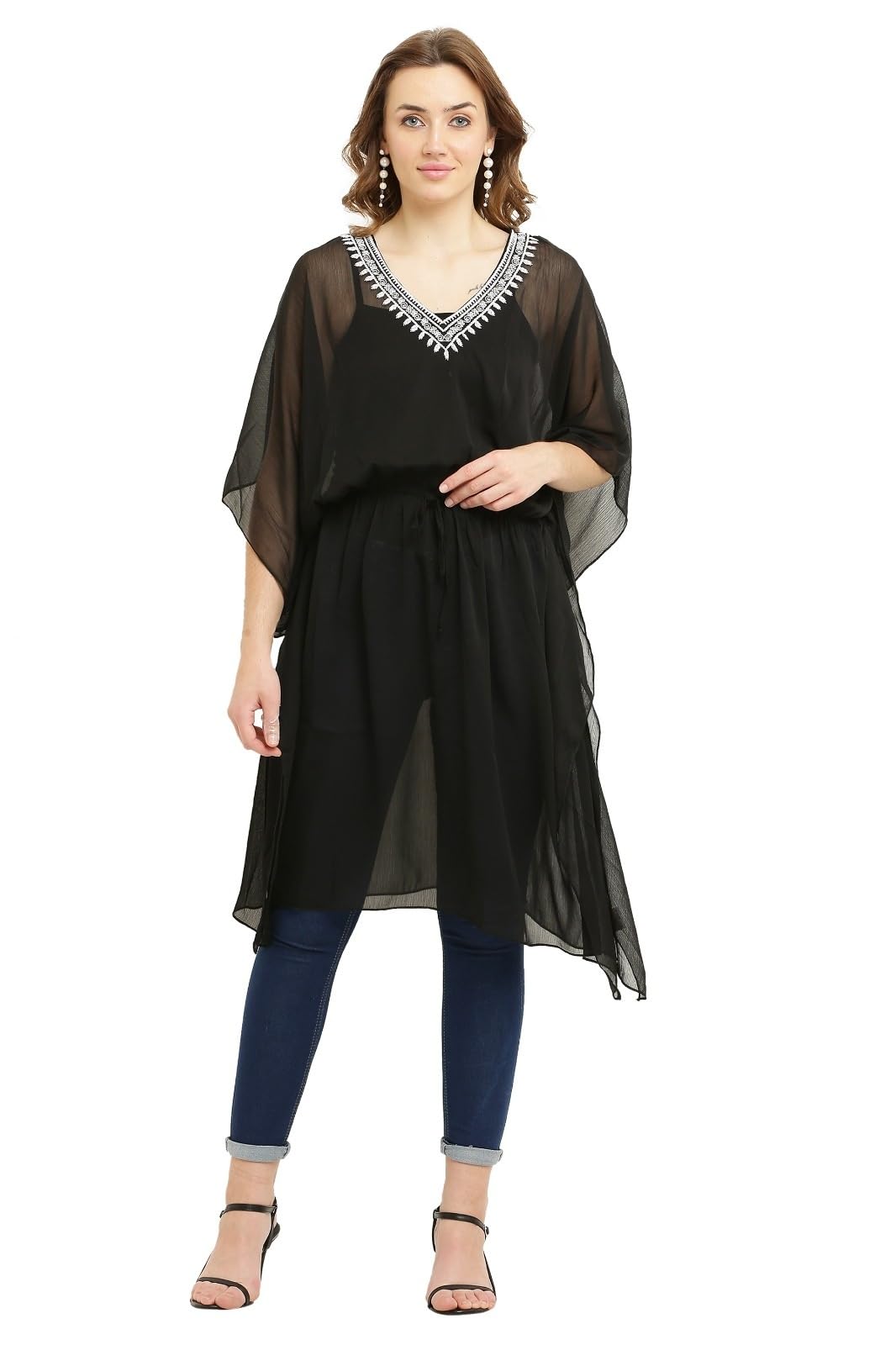 Manvi Creatives Women's Black Beach Wear Kaftan Floral Lace Summer Cover Up Free Size-picture-10