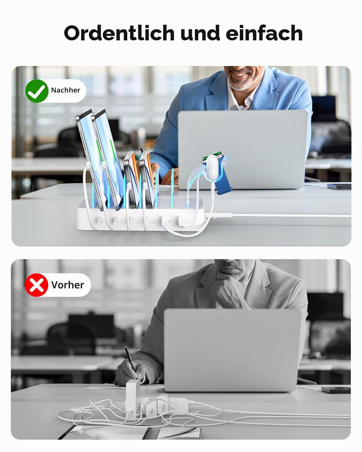 SooPii 90W USB C Ladestation für mehrere Geräte mit 6 Nylon Kurzen Kabels | 6-Port Multi Ladestationen mit PD 20W Ladedock für lPhone, Galaxy, iPad, Tablet und weitere elektronische Geräte,Weiß