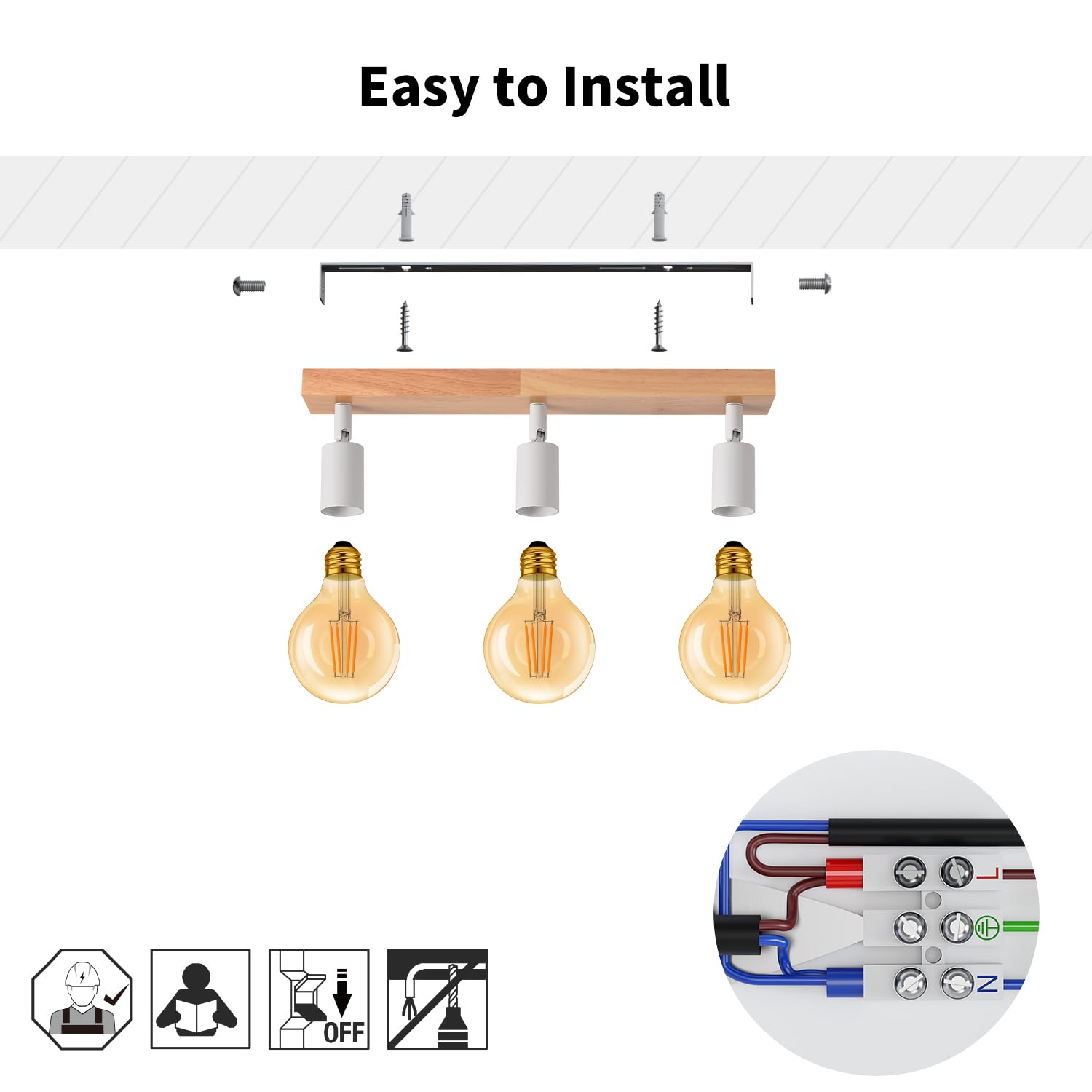 LVWIT Lampa sufitowa LED E27 z 3 reflektorami, białe oświetlenie wewnętrzne, drewniana lampa sufitowa z prostokątną podstawą, lampa ścienna do sypialni, żyrandol kuchenny (bez żarówek)