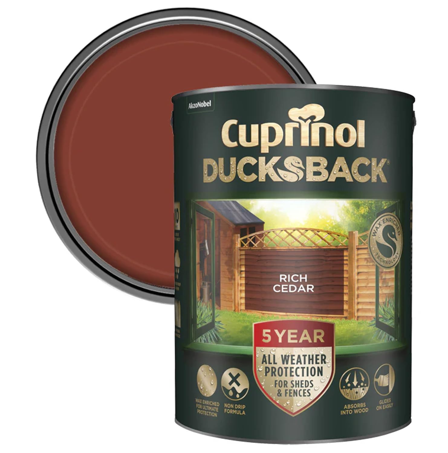 Cuprinol Ducksback Shed & Fence Paint Rich Cedar 5L – Cuprinol Fence Paint, 5-Year Weatherproof, Wax-Enriched Non-Drip Formula, Quick-Dry, Water-Repellent Exterior Wood Treatment