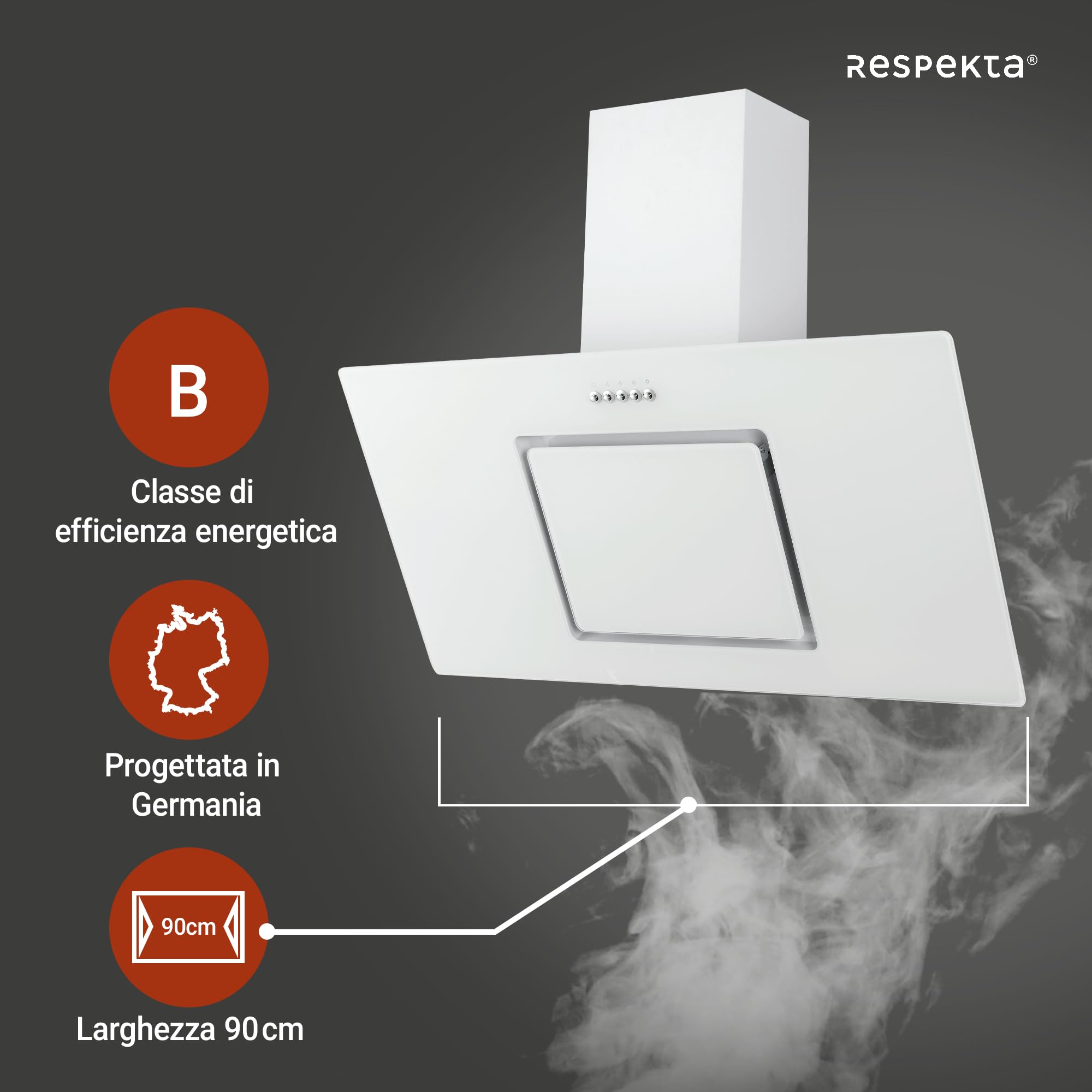Respekta Cappa Cucina Inclinata Con Spazio Per La Testa, Cappa Cucina Verticale 90 Cm, Scocca In Metallo Con Vetro Bianco, Funzione Di Scarico E Ricircolo, CH22010,90wbz, B, 54 – 62 Db