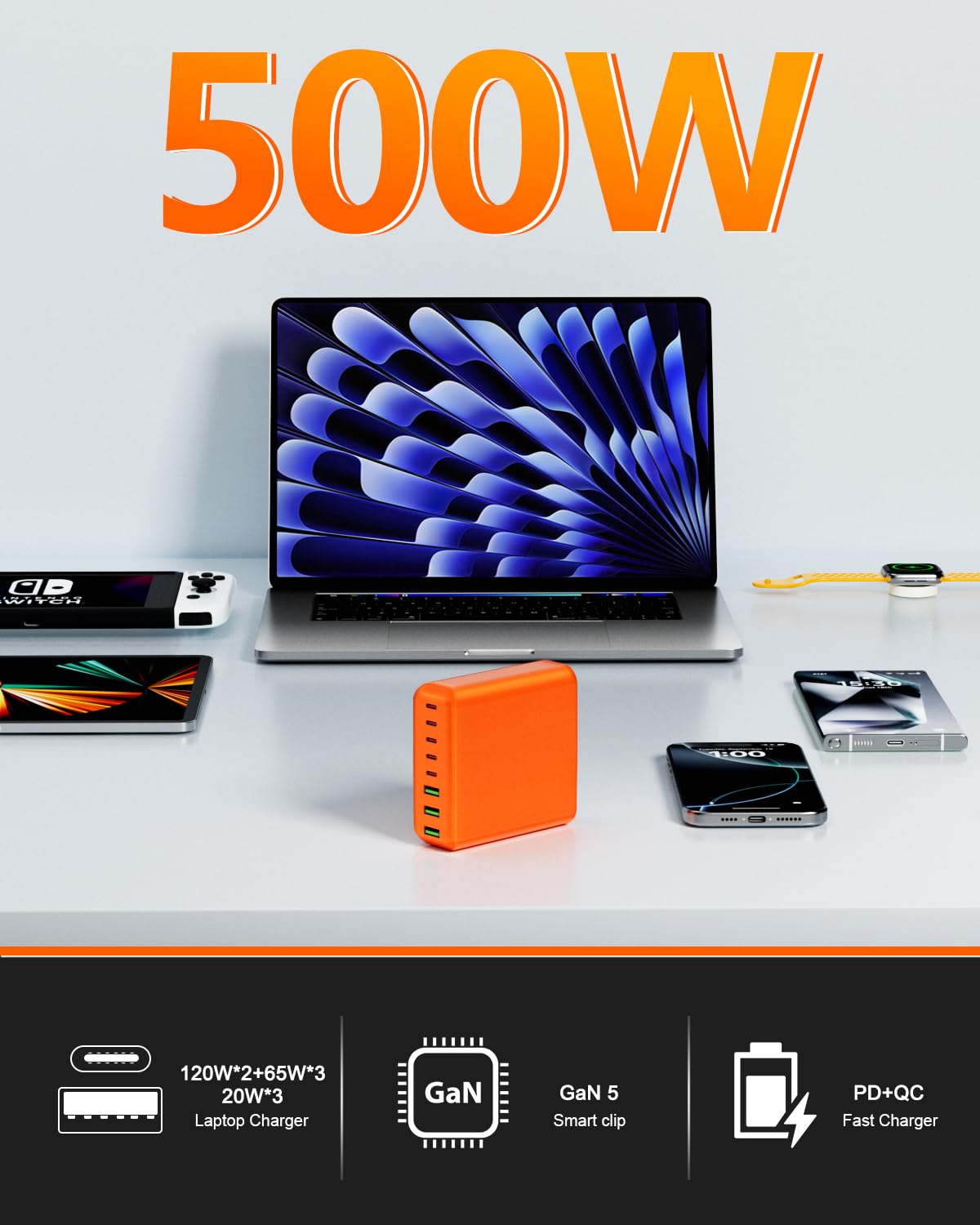 Bloque de carga USB C de 500 W, estación de carga USB C de 8 puertos, adaptador de cargador de computadora portátil PD de 120 W, compatible con MacBook Pro/Air/todos los iPad, DELL, iPhone 16/15/14/13