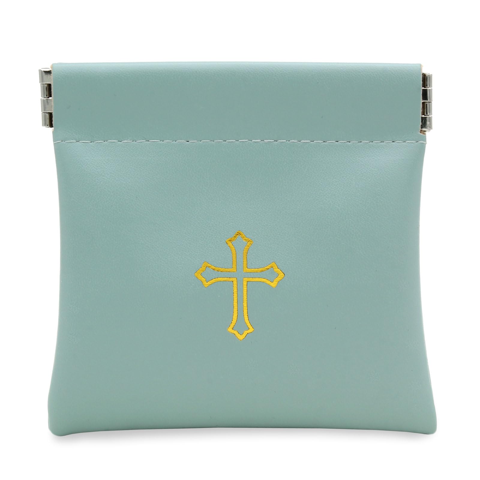 Rosarymart Men's Seafoam Green Squeeze Top Rosary Pouch Faux Leather With Cross Imprint