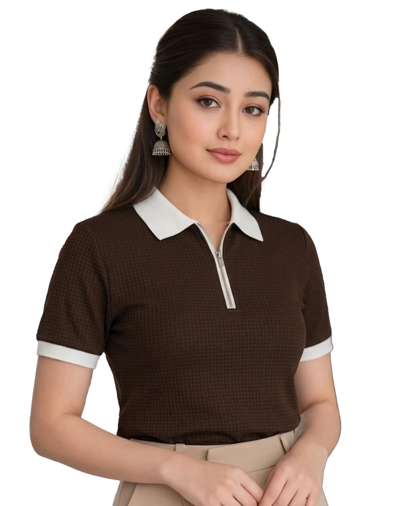 Women’s Premium Knit Polo Tee | Half Sleeve Zip Collar | Elegant Textured Finish | Casual Summerwear | Regular Fit-image-10