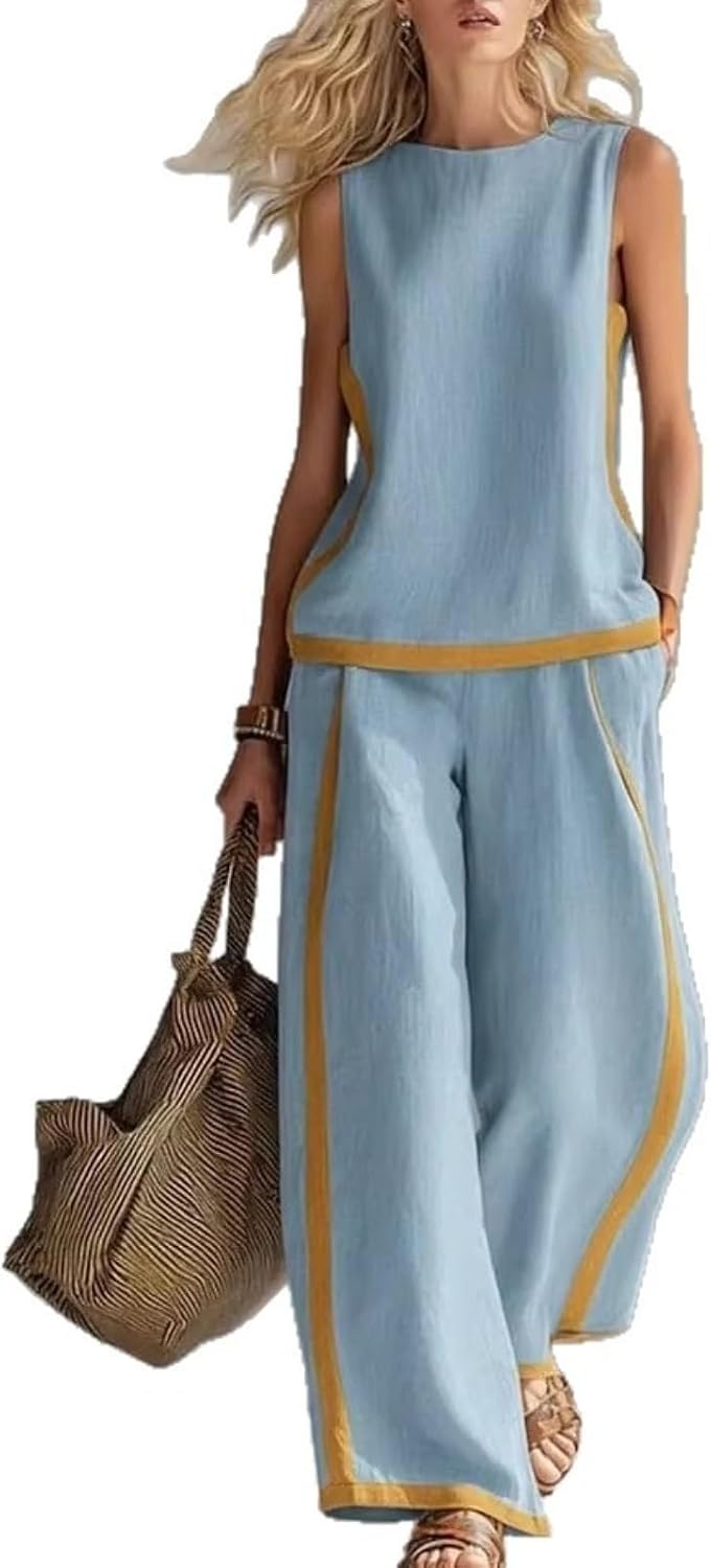 Women's Fall Linen Blend V-Neck 3/4 Sleeve Top and Straight Pants Set